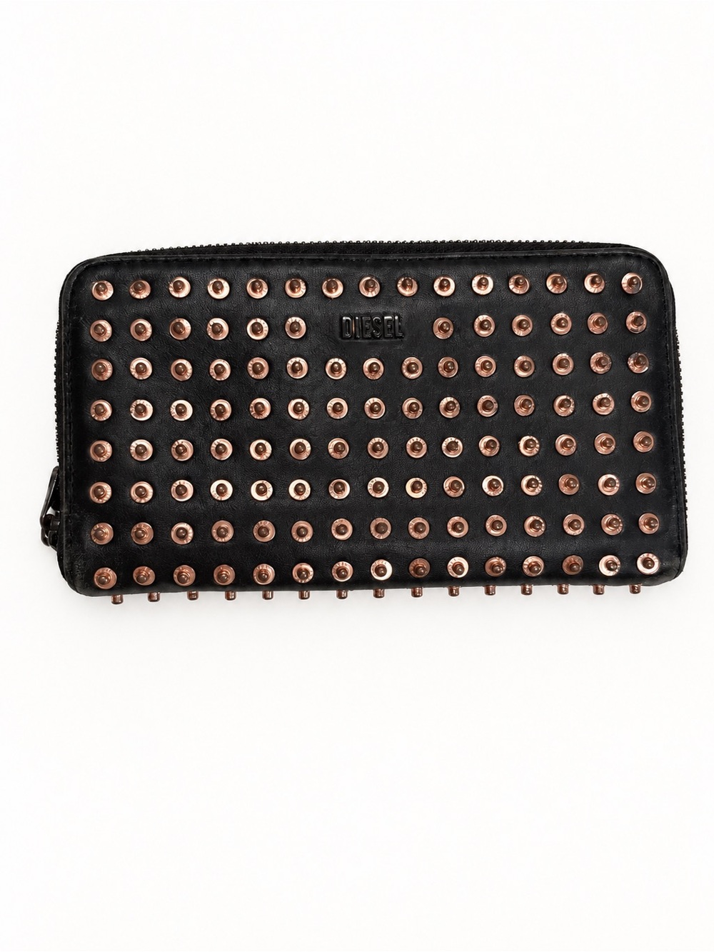 DIESEL Black Leather Rose Gold Studded Zip-Around Wallet